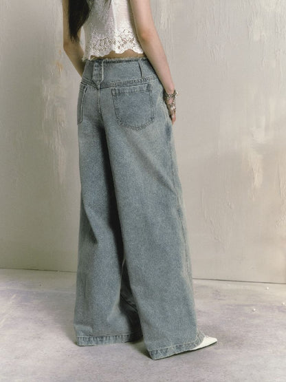 Wide-leg broken holes micro-laundry jeans【s0000012140】
