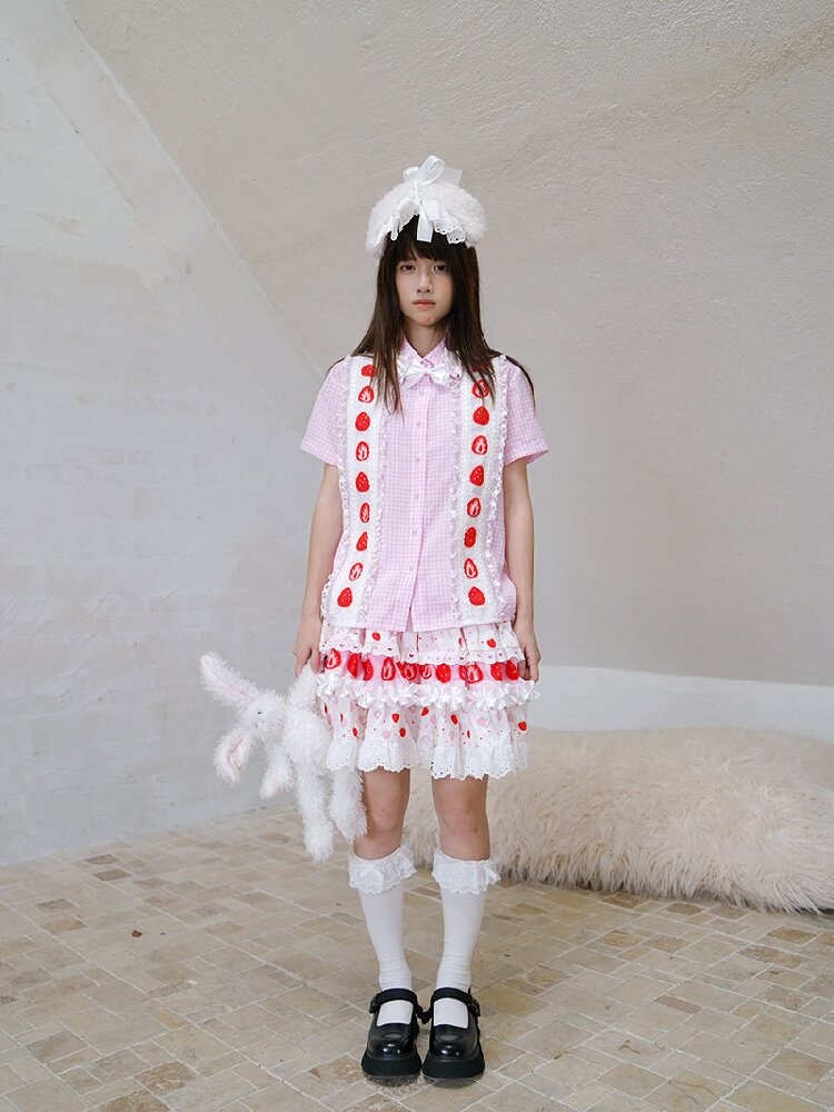 Plaid Lace Bow Short Sleeve Shirt【s0000018541】