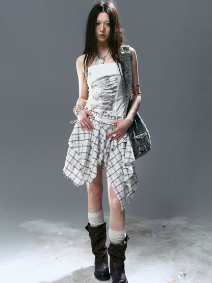 Asymmetrical patchwork plaid strapless dress【s0000012808】