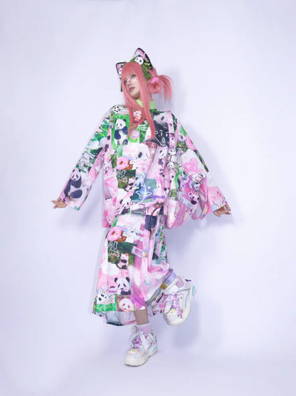 Panda Collage Print Stand Collar Long-Sleeve Top【s0000013981】