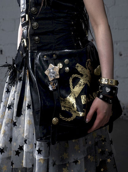 Gold foil print heavy-duty leather shoulder bag【s0000012778】