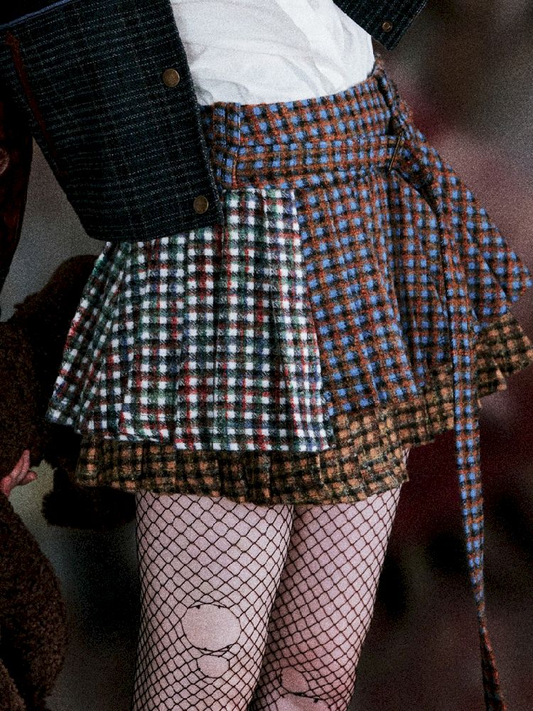 Three-color plaid splicing pleated skirt【s0000005411】