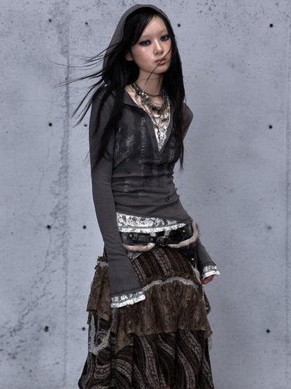 Lace Patchwork Hooded T-shirt【s0000015544】