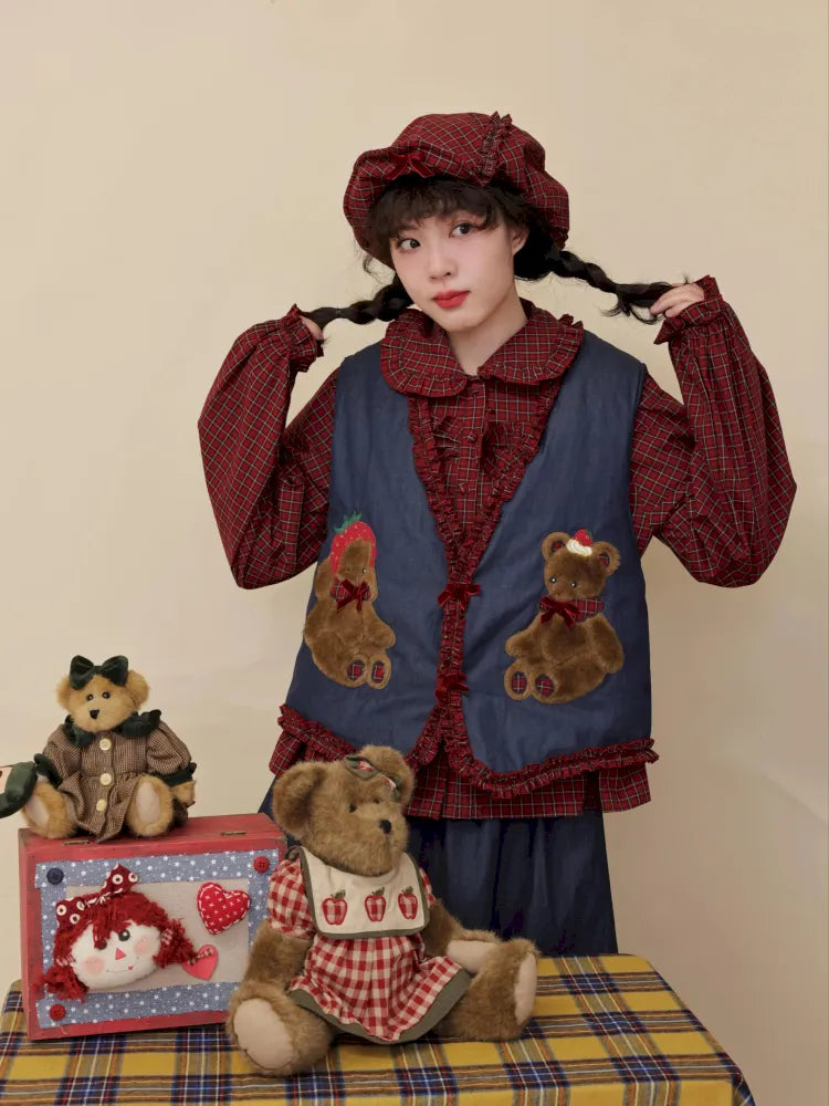 Cotton-trimmed plaid vest【s0000014171】