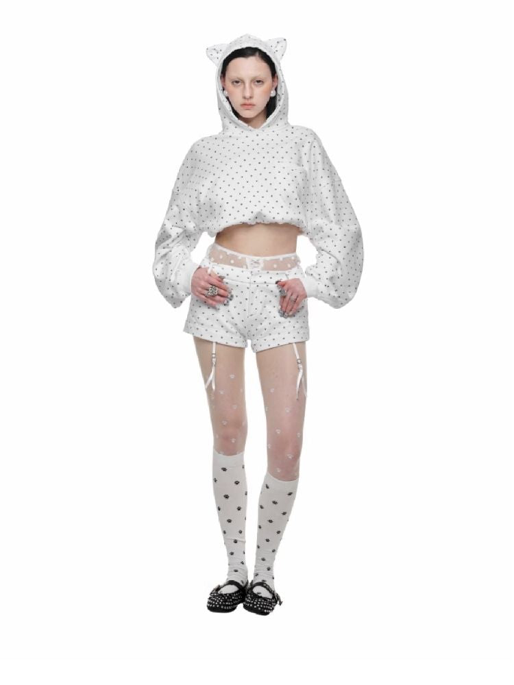 Cat's Paw Long Short Polka Dot Hooded Cardigan Sweatshirt Sweatpants Set【s0000011566】
