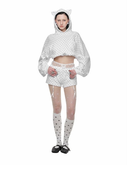 Cat's Paw Long Short Polka Dot Hooded Cardigan Sweatshirt Sweatpants Set【s0000011566】