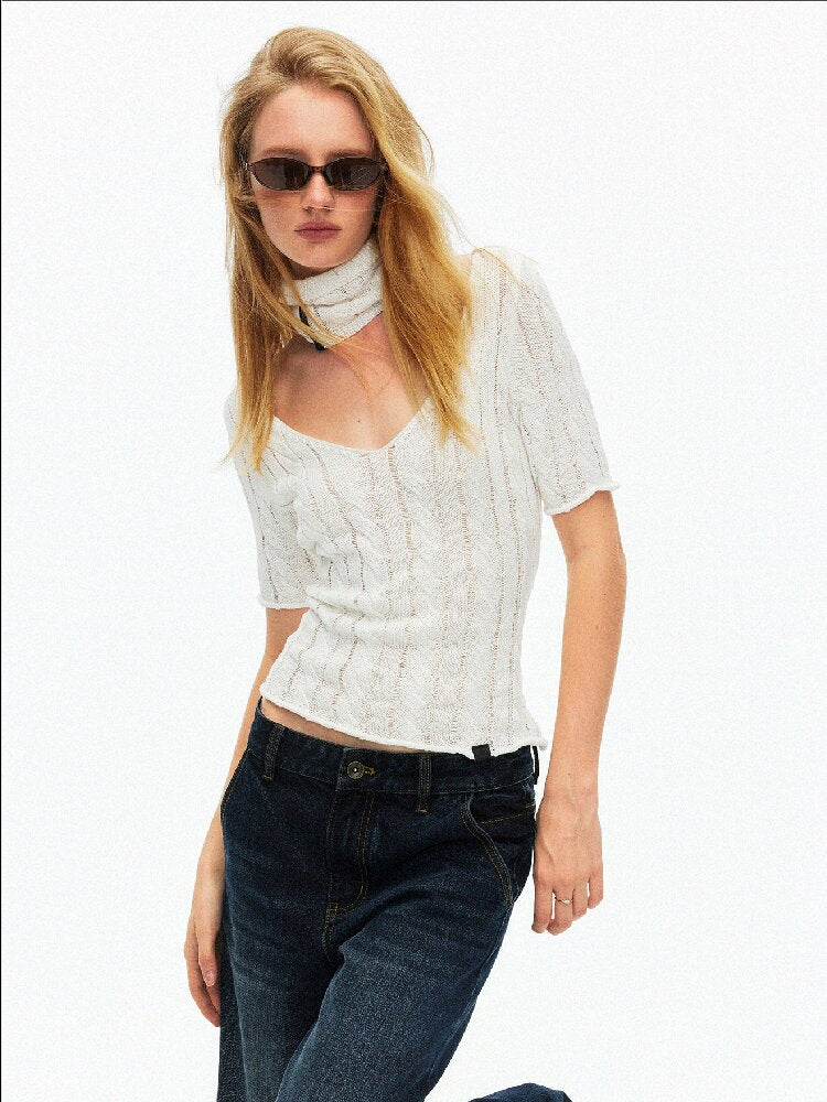 Cut Out Cable V-Neck Knit Top【s0000015928】