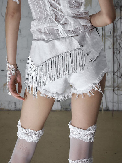 Chain Fringe Patchwork Denim Shorts【s0000016980】