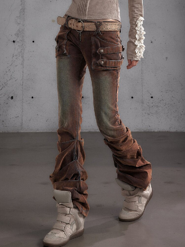 Distressed Pleated Low Rise Jeans【s0000019152】