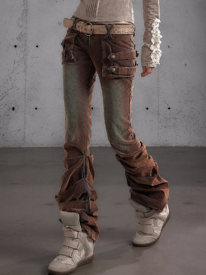 Distressed Pleated Low Rise Jeans【s0000019152】