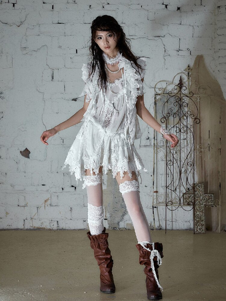 Ruffle Bead Patchwork Chiffon Shirt【s0000016981】