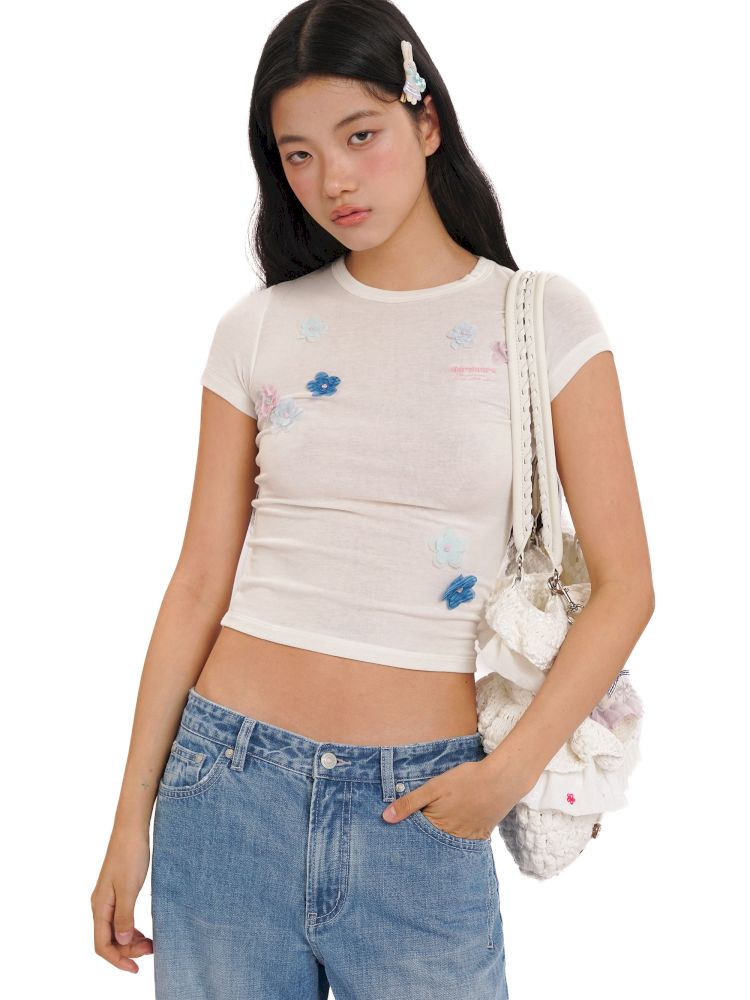 Irregular flowers Slim short-sleeved T-shirt【s0000013444】