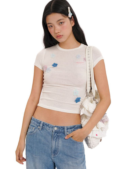 Irregular flowers Slim short-sleeved T-shirt【s0000013444】