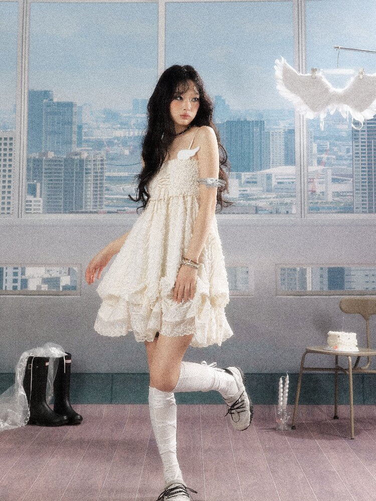 Shirred Lace White Texture Dress【s0000016278】