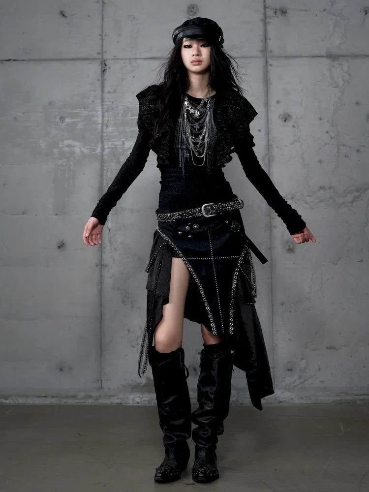 Asymmetric Leather-Satin Skirt【s0000013944】