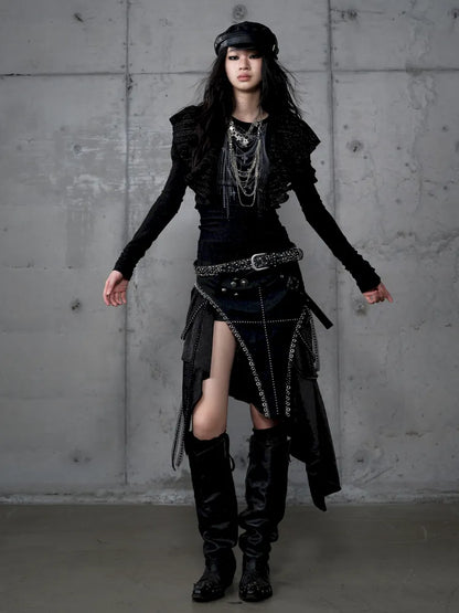 Asymmetric Leather-Satin Skirt【s0000013944】