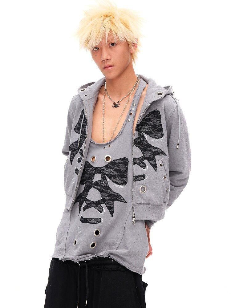 Lace Bow Rivet Distressed Vest【s0000016496】