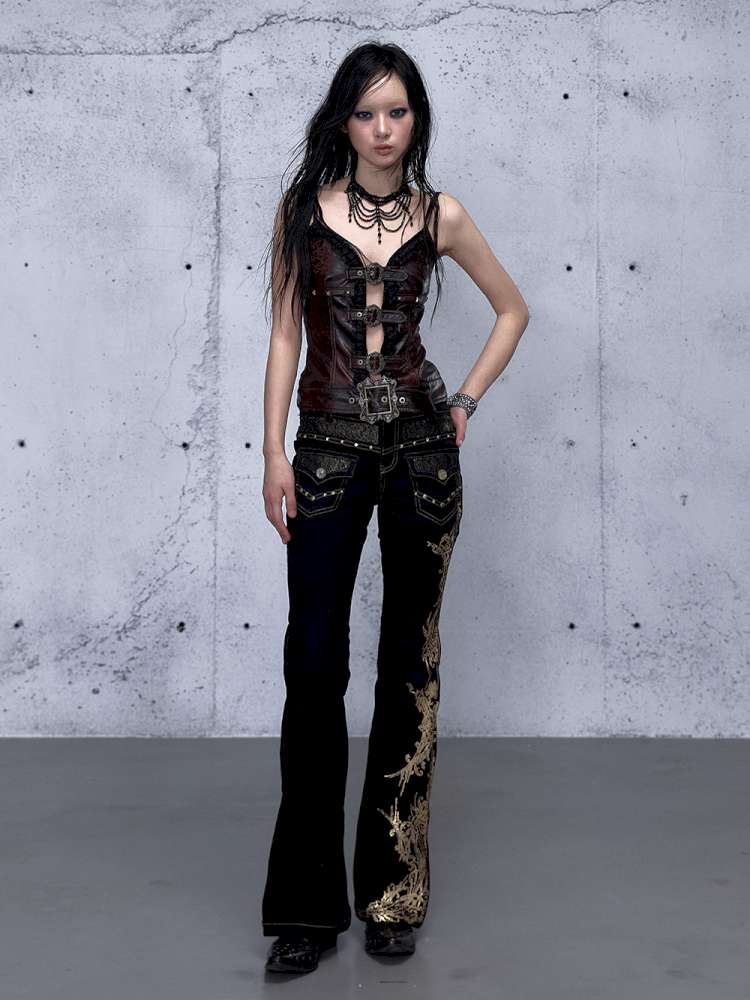 Dark Court Openwork Lace Leather Camisole【s0000014920】