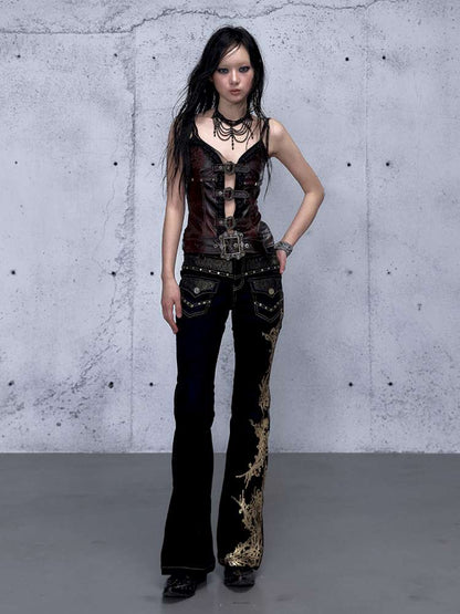 Dark Court Openwork Lace Leather Camisole【s0000014920】