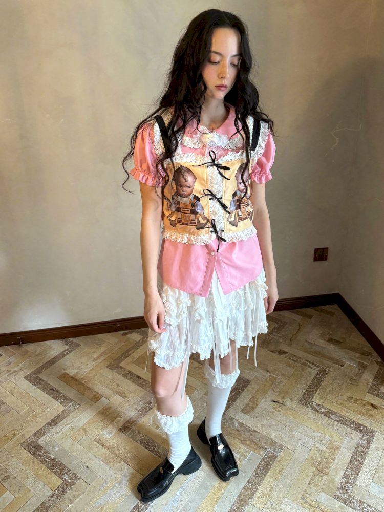 Cute doll print lace bow vest【s0000012760】