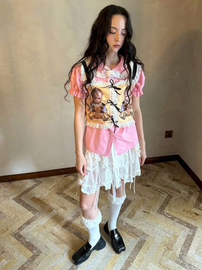 Cute doll print lace bow vest【s0000012760】