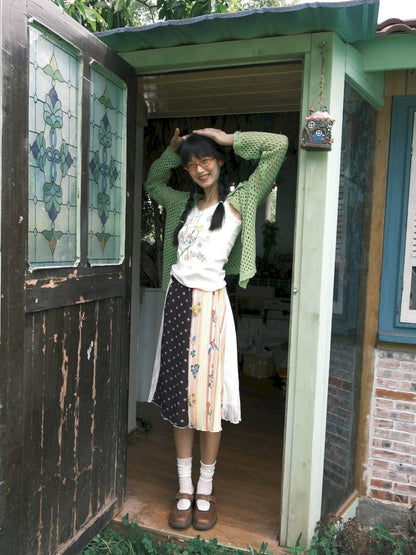 Patchwork lace print polka dot pleated skirt【s0000012769】