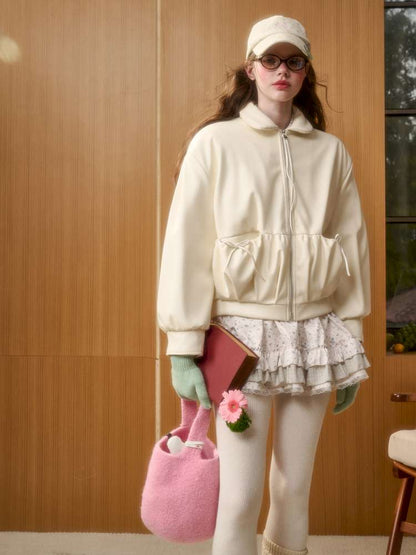 Cream Leather Doll Collar Leather Jacket【s0000014885】