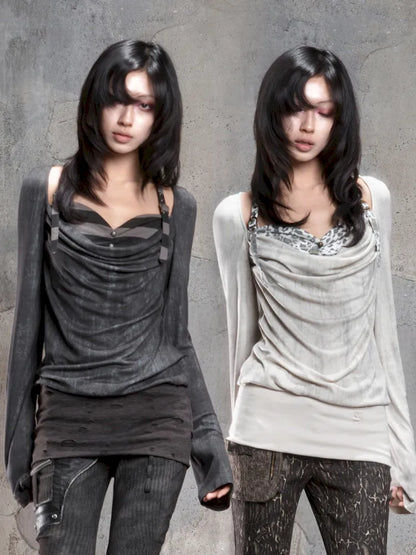 Off-Shoulder Ruffled Mid-Length Slimming Punk Top【s0000014124】