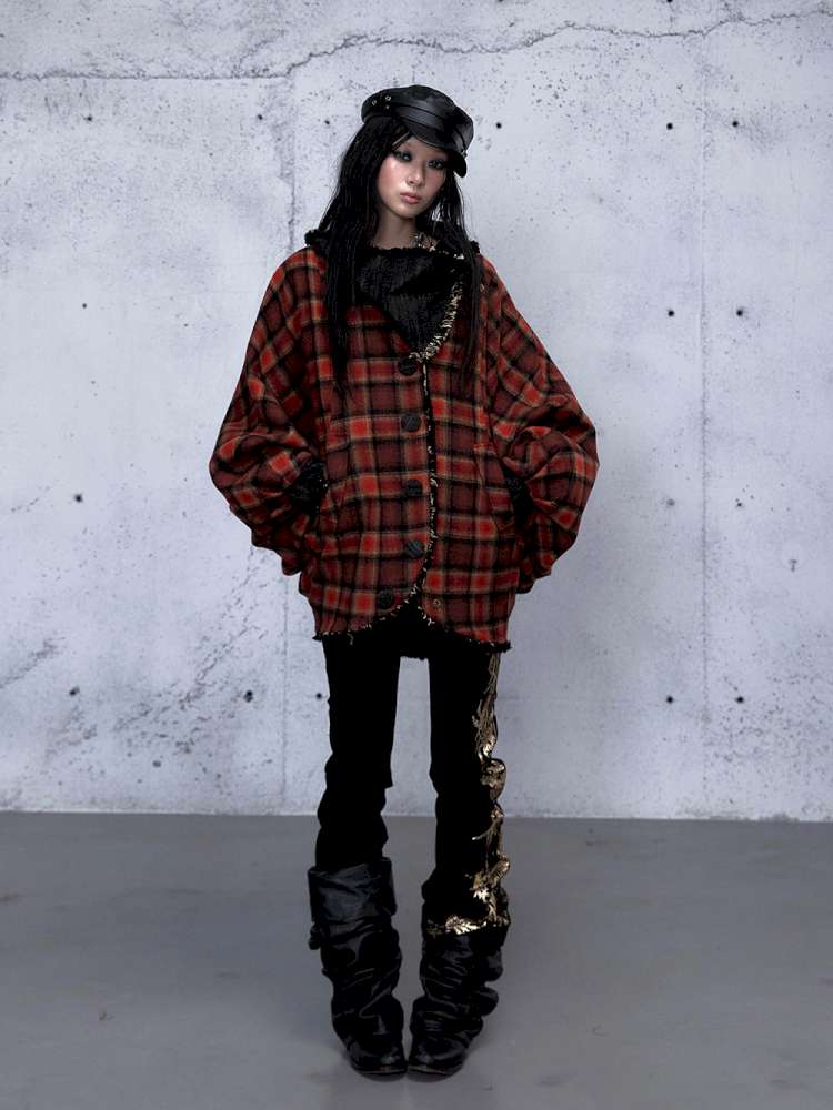Punk Plaid Denim Bat Woolen Coat【s0000014929】