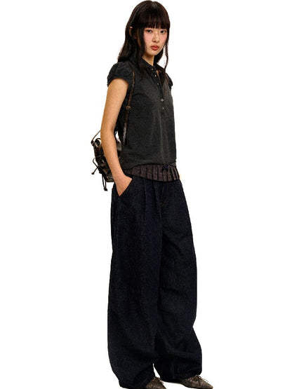 Pleated Plaid Straight Leg Jeans【s0000017912】