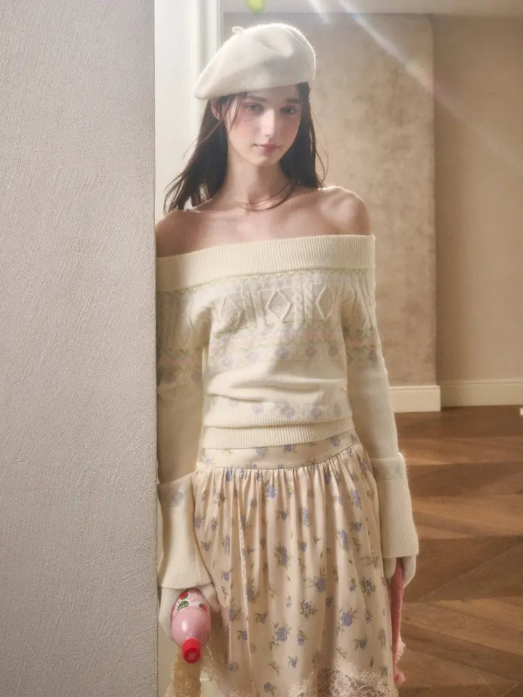 Fresh and Soft Cotton Sweater, Scarf, Floral Skirt【s0000014323】