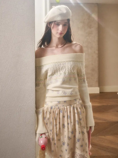 Fresh and Soft Cotton Sweater, Scarf, Floral Skirt【s0000014323】