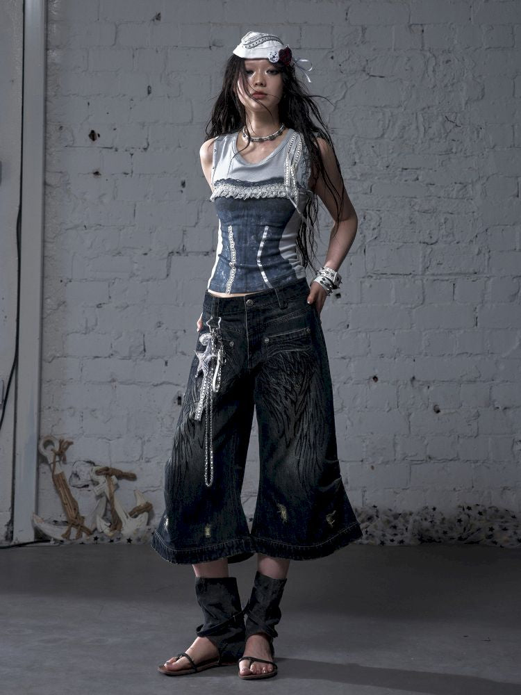 Wide-leg denim cropped pants【s0000012800】