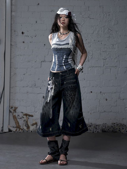 Wide-leg denim cropped pants【s0000012800】