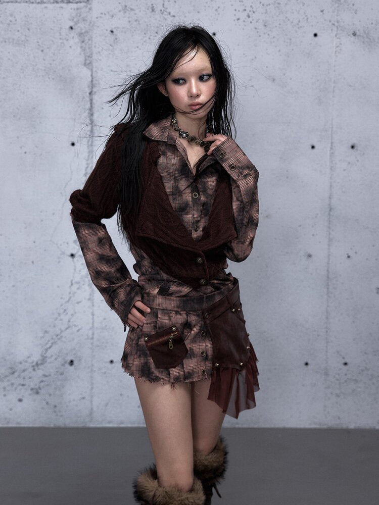 Plaid Stitching Leather Skirt【s0000015546】