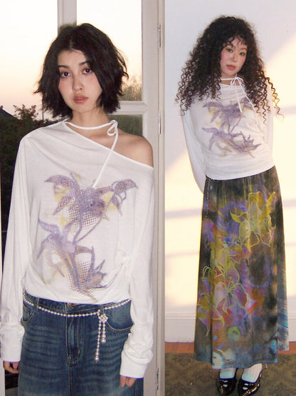 Mist Orchid Print Lace Up Top【s0000015457】