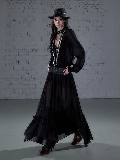 Shirring Deep V Chiffon Dress【s0000015932】