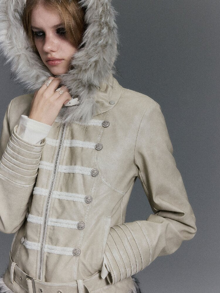 Napoleon Hooded Wool Collar Leather Coat【s0000019239】