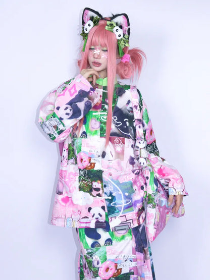 Panda Collage Print Stand Collar Long-Sleeve Top【s0000013981】