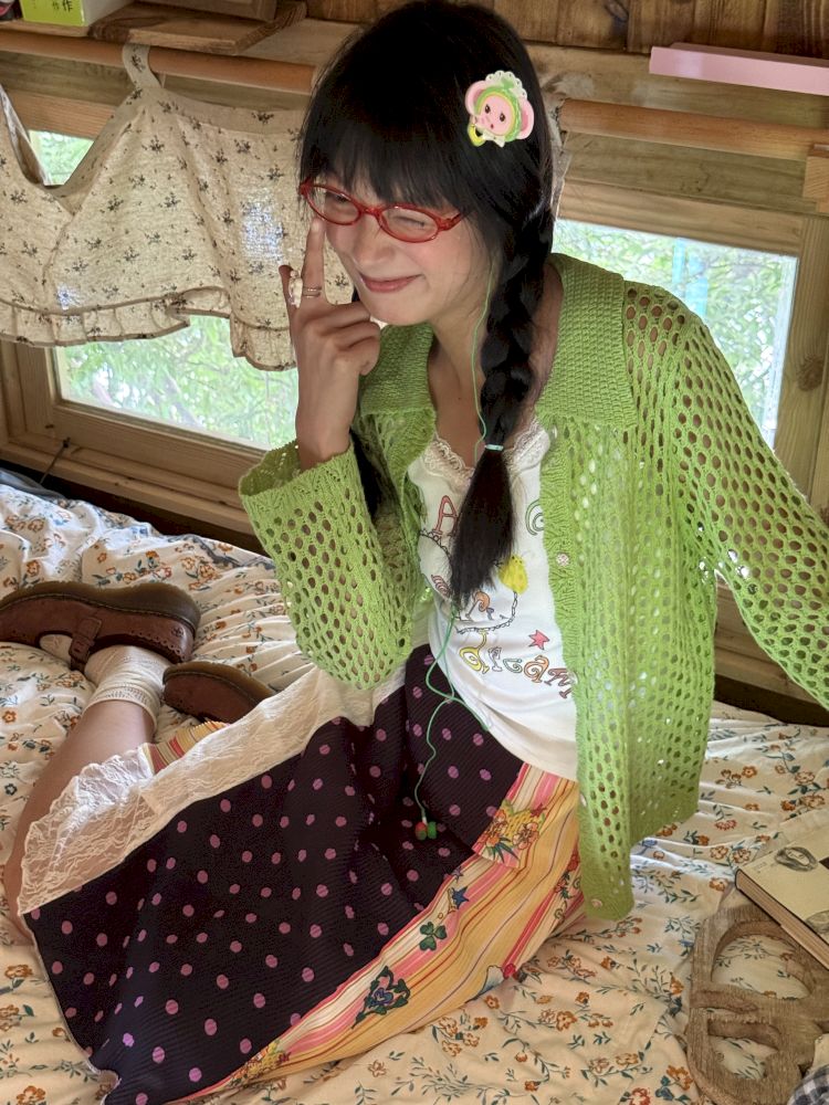 Patchwork lace print polka dot pleated skirt【s0000012769】