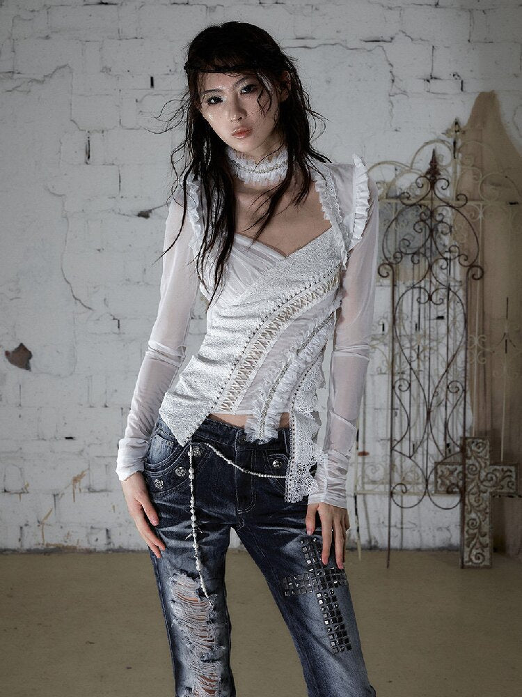 Sequin Webbing Mesh Long Sleeve Top【s0000016984】