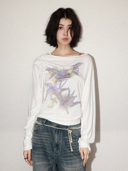 Mist Orchid Print Lace Up Top【s0000015457】