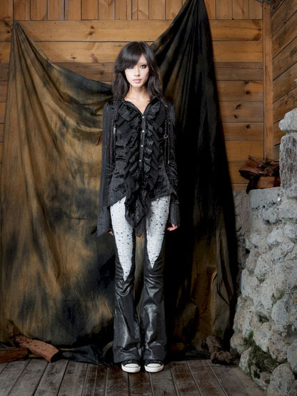 Patchwork Flared Denim Leather Pants【s0000013896】