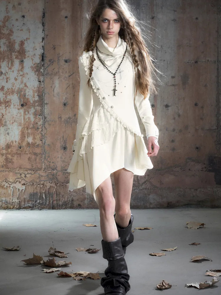 Asymmetric Collar Long-Sleeve Dress【s0000013960】