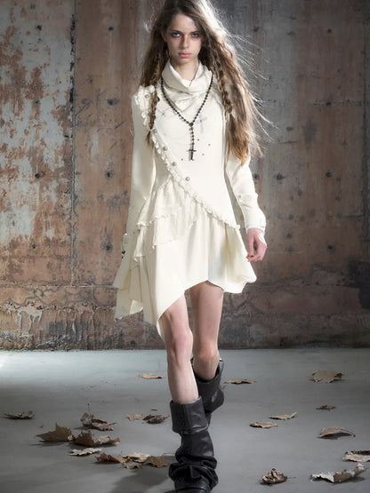 Asymmetric Collar Long-Sleeve Dress【s0000013960】