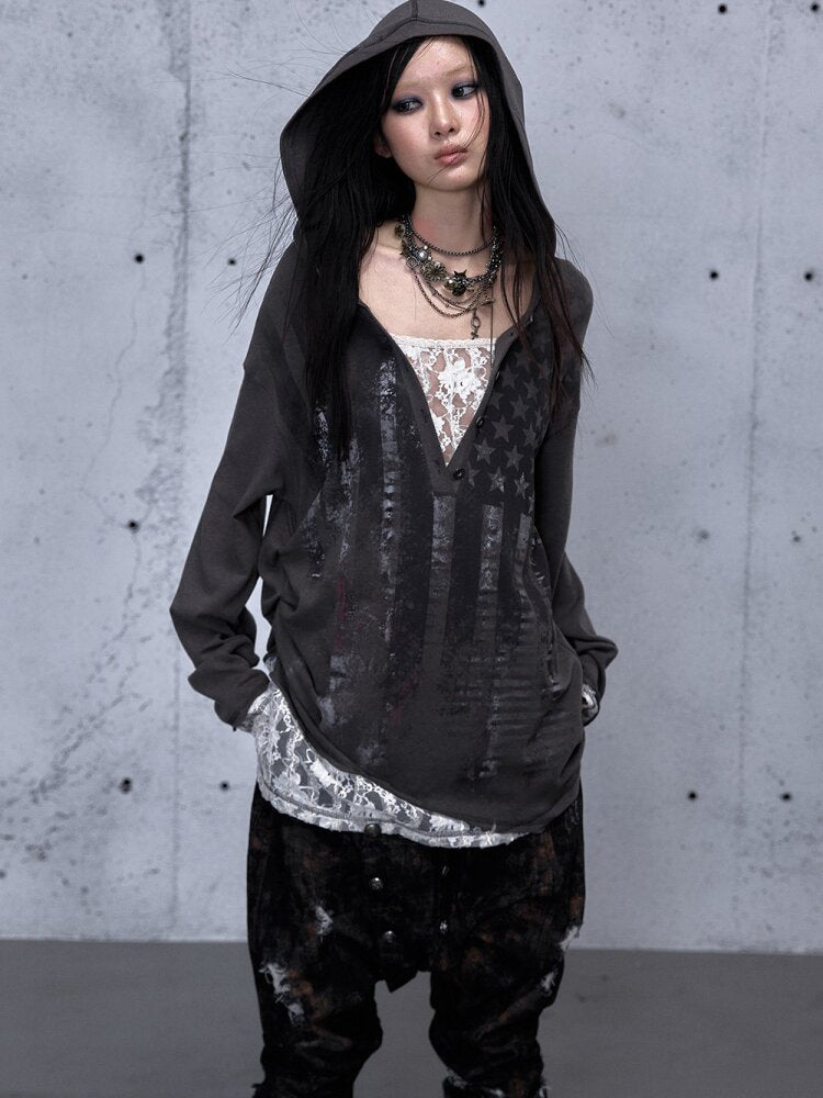 Lace Stitched Hooded T-Shirt【s0000015545】