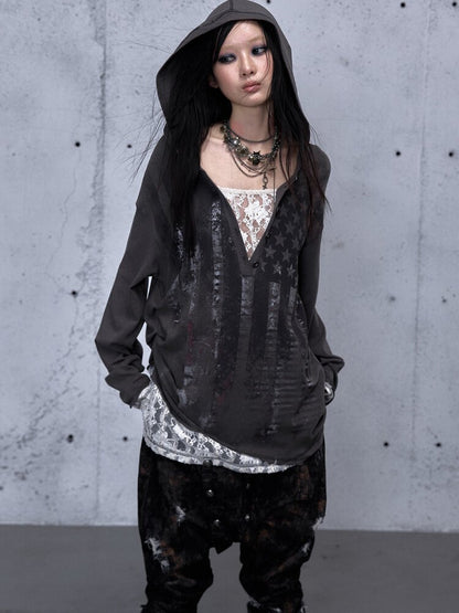 Lace Stitched Hooded T-Shirt【s0000015545】