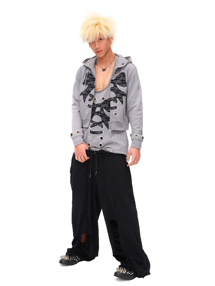 Lace Bow Rivet Distressed Vest【s0000016496】