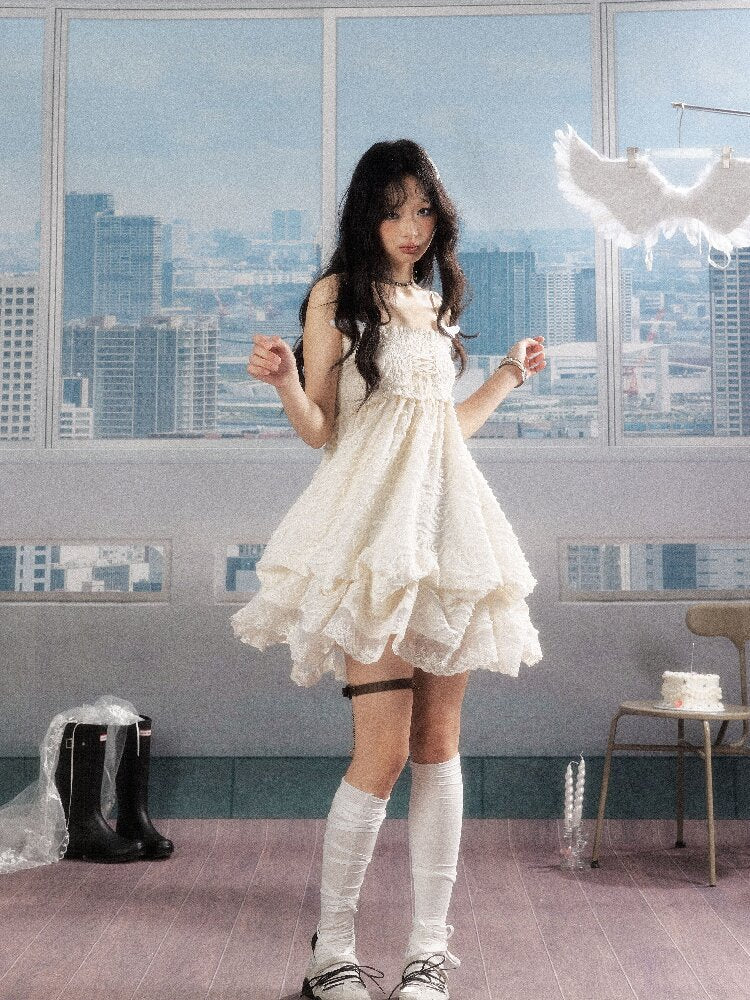 Shirred Lace White Texture Dress【s0000016278】