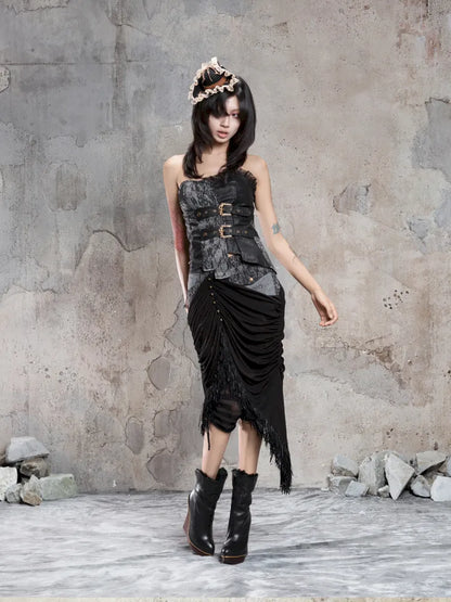 Asymmetric Knit Patchwork Drawstring Skirt【s0000014125】